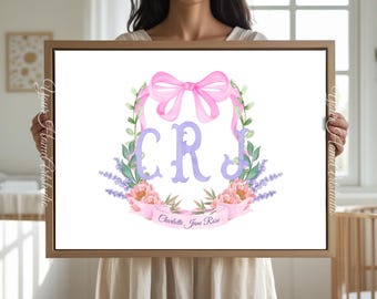 Personalized Floral Crest Monogram Nursery Art Print (Digital Download