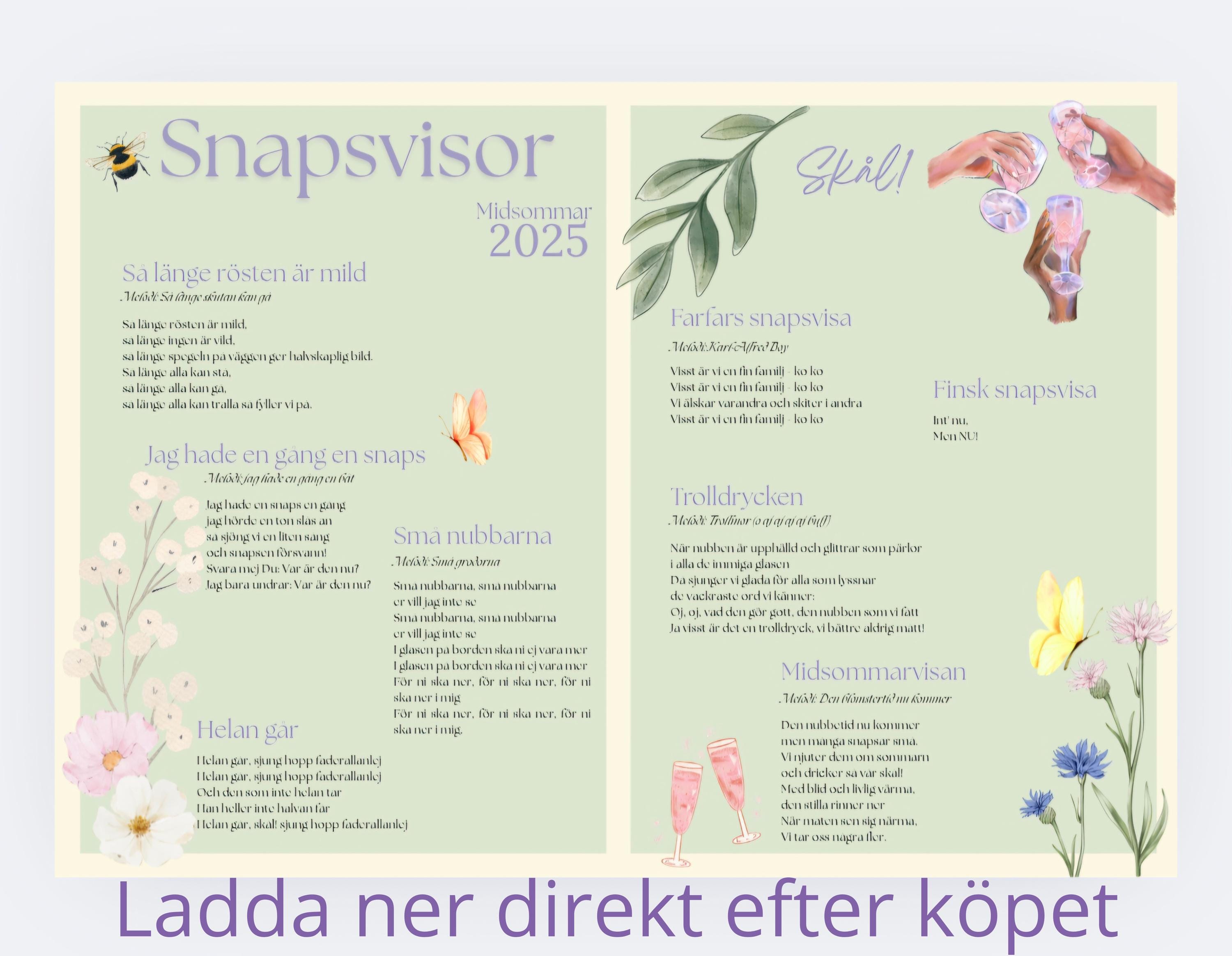 Snapsvisor Snapsvisa Midsommar Sånghäfte Snapsvisor Svensk Sommar - Etsy