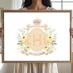 Personalized nursery Wall art custom wall decor Floral Crest Monogram Print for baby room Initials Art for nursery baby Monogram wall decor