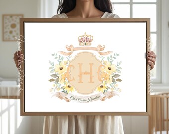 Personalized Floral Crest Monogram Nursery Art Print (Digital Download