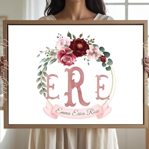 Personalized nursery Wall art custom wall decor Floral Crest Monogram Print for baby room Initials Art for nursery baby Monogram wall decor