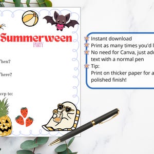 Printable Summerween Invitation Handwritten Fill-In Halloween Party Invite Summer Halloween Pool Party Invite Instant Download PDF