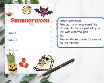 Printable Summerween Party Invitation: Fill-In Halloween Invite (PDF Download A6 Size)