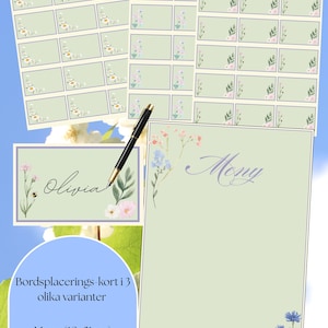 May include: A collection of stationery items with a floral theme. Includes place cards, a menu, and a name card with the name "Olivia". The menu measures 10x21cm. The design features pastel colors and delicate floral illustrations.