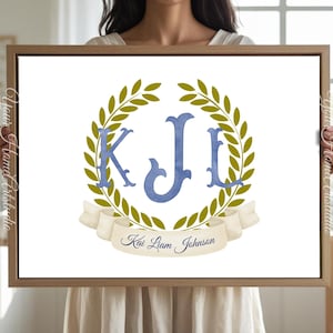 Personalized nursery Wall art Decor Floral Crest Monogram Print for baby room Initials Art for nursery baby name Monogram wall decor