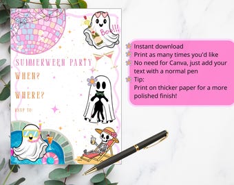 Printable Summerween Party Invitation: Spooky Halloween Fill-In Invite (PDF Download A6 Size)