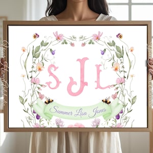 Personalized nursery Wall art custom wall decor Floral Crest Monogram Print for baby room Initials Art for nursery baby Monogram wall decor