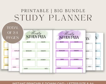 Puede incluir: Un paquete de planificadores de estudio imprimibles con 24 páginas. El planificador presenta un diseño semanal con secciones para el lunes al domingo, junto con una sección de notas. Las páginas están decoradas con fondos de acuarela en varios colores, incluidos el verde, el morado y el azul.