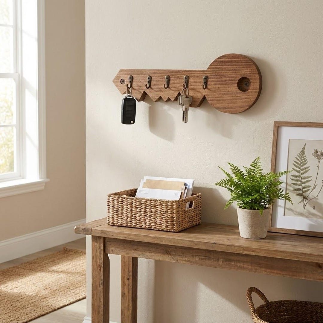 Handmade Wooden Key Holder for Wall in Key Shape – Rustic Entryway ...