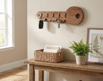 Handmade wooden key holder for wall in key shape – rustic entryway organizer, solid wood wall hook, housewarming gift, home decor