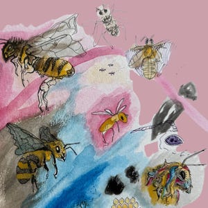 Stampa artistica di collage di api - Api in inchiostro e acquerello, arte murale surreale, decorazione naturale boho, poster con illustrazione di insetti