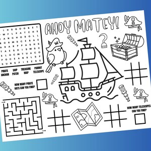 Barco Pirata - ¡Ahoy, camarada! Rompecabezas temáticos - Mantel individual - Sopa de letras - PDF imprimible para colorear de cumpleaños