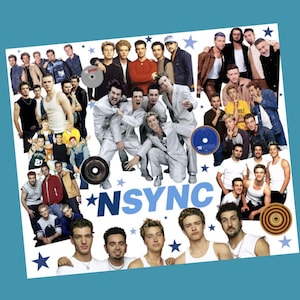 Op de afbeelding: Een collage van afbeeldingen met de boyband *NSYNC. De afbeeldingen tonen de bandleden in verschillende poses en outfits. De naam van de band wordt weergegeven in blauwe tekst met sterren.
