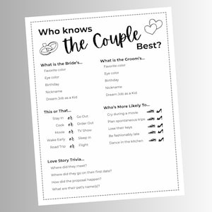 Wedding Shower Game - Who Knows the Couple Best Printable - Bridal Shower Trivia Game - Instant Download PDF