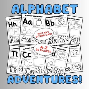 May include: A set of 26 alphabet worksheets for kids. Each page features a different letter of the alphabet with activities like tracing, coloring, and writing. The worksheets are black and white and have a fun, colorful design. The title of the set is "Alphabet Adventures".