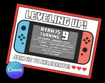 MODIFICABILE Level Up - Gamer - Invito di compleanno a tema videogiochi - Modello Canva Pro