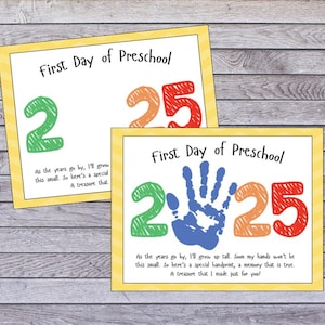 Imprimible para el primer día de preescolar / Arte con huellas de manos para el regreso a clases / Manualidad de recuerdos 2025