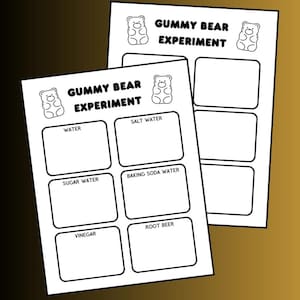 May include: A printable worksheet for a gummy bear science experiment. The worksheet has a black and white gummy bear illustration at the top and six boxes labeled with different liquids: water, salt water, sugar water, baking soda water, vinegar, and root beer.