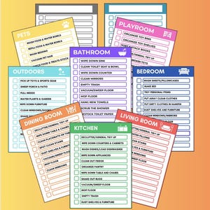 May include: A selection of colourful checklists for different rooms and tasks, such as the kitchen, bathroom, bedroom, and outdoors. Each checklist has a different colour and icon, with tasks like cleaning, organising, and tidying.