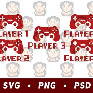 May include: Five red video game controllers with the words "Player 1", "Player 2", "Player 3", "Player 4", and "Player 5" printed below each controller.