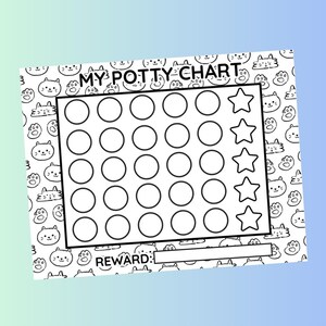 May include: A black and white potty chart with the text "MY POTTY CHART". The chart has a grid of circles and stars for tracking progress, and a space for a reward. The background is covered in cat faces.