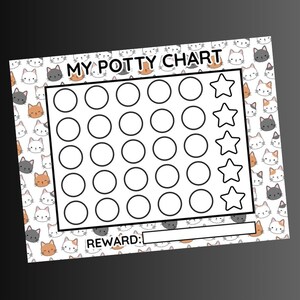 May include: A white and black printable potty training chart with a cat theme. The chart has 35 circles to color in and 5 stars to mark progress. The text "MY POTTY CHART" is at the top and "REWARD:" is at the bottom.