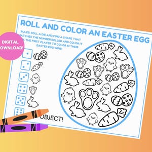 Puede incluir: Un juego de huevos de Pascua imprimible para niños. El juego incluye un dado, un huevo de Pascua con varias imágenes e instrucciones para tirar el dado y colorear la imagen correspondiente en el huevo. El texto en la página dice "Roll and Color an Easter Egg" y "¡Descarga digital!"