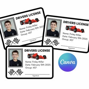 May include: Three driver's license cards featuring a photo, a red race car illustration, and the words "DRIVERS LICENSE". The cards display the name Finley Miller, the date February 10th 2025, and group number 457.