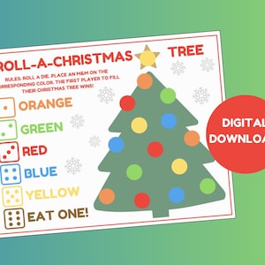 以下が含まれることがあります： 「Roll-A-Christmas Tree」というクリスマスをテーマにしたゲームの印刷可能なゲームボードです。ボードには、カラフルなオーナメントと星がついた緑のクリスマスツリーが描かれています。ゲームのルールはボードの左側に印刷されており、ボードの右側に赤い円の中に「デジタルダウンロード！」という文字が印刷されています。