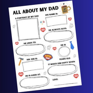 Printable - All About My Dad - Father's Day - Birthday - Fill in the Blank