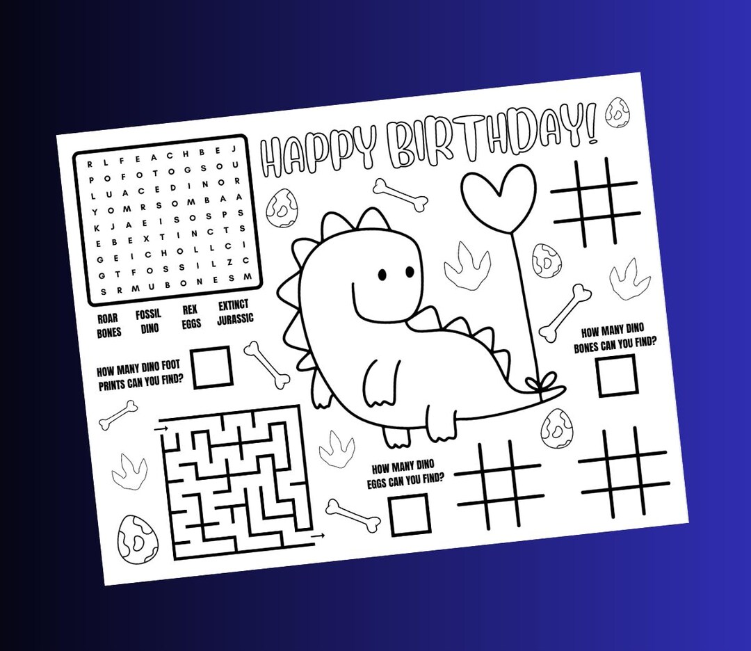 Dinosaur Birthday Activity Placemat Printable Puzzle, Word Search