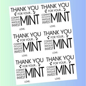 Könnte beinhalten: Vier druckbare Dankeskarten mit dem Text "Thank You for your... Commit Encourage Involve Invest MINT" und "Love:" am unteren Rand jeder Karte.