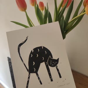 Moon Cat ręcznie robiony linoryt