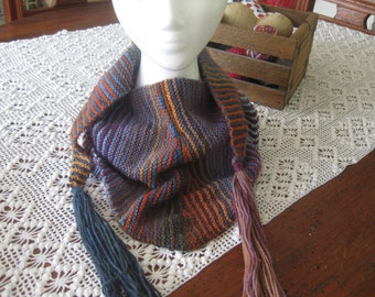 Hand Knitted Shawl  Variegated Demin and Autumn Colors 105 Inches Long & 16 Inches Wide