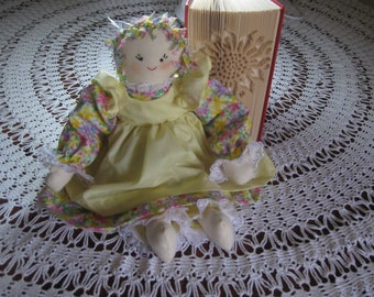 Cloth Doll Country Handmade 16 inches Buttons and Material Strips for Hair