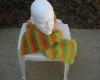 Hand Knitted Orange Sherbet, Green, Yellow  and Pink Variegated Scarf Made With Eyelash Yarn - 54 inches long and 7 inches wide