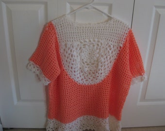 Hand Crochet Tunic 25 Inches Long and 50 Inches Wide Coral and White