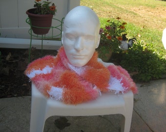 Hand Knitted Orange Sherbet and Pink Variegated Scarf Made With Eyelash Yarn - 56 inches long and 7 inches wide