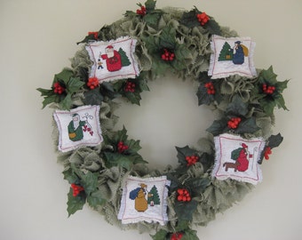 Christmas Holiday Wreath Burlap, Counted Cross Stitch Santas, and Holly 17 Inches