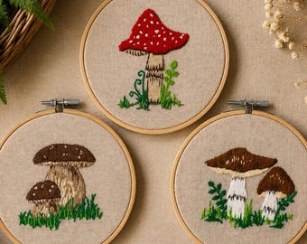 Mushroom Art Embroidered Decoration Whimsical Artwork, cottagecore decor coquette decor Embroidery Nursery Decor y2k gallery wall embroidery