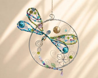 Custom Dragonfly Art Sculpture hanging decoration, Personalized Insect Artwork, Unique handmade gift, beaded nature lovers decor, bug art