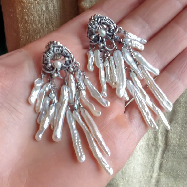 June beach wedding statement earrings healing gemstones Natural Pearl Sterling bohemian Earrings gypsy jewelry ocean jewelry