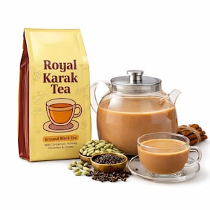May include: A yellow bag of Royal Karak Tea with ground black tea, cardamom, nutmeg, cinnamon, and cloves. Next to it is a glass teapot filled with beige tea, a glass teacup on a saucer, and small bowls containing green cardamom and cloves.