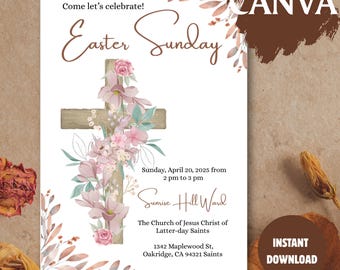 Programa de la iglesia dominical editable / Bonita plantilla gratuita de Canva con flores rosas y blancas / Boletín de servicio SUD / 4 tamaños: 5x7, 4x6 (plegada y con invitación para teléfono)