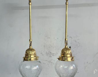 Set of 2 Vintage Brass Pendant Lights with Etched Glass Shade | Antique Adjustable Rod Ceiling Lamp | Victorian Style Hanging Light