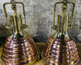 Set of 2 Nautical Fox Lights Ribbed Copper Pendant | Vintage Ship Cargo Deck Lamp | Marine Brass Hanging Light Fixture