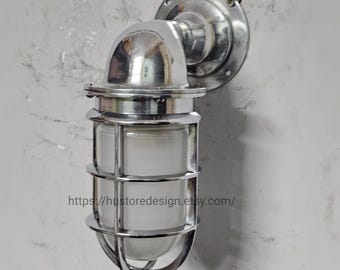Vintage Aluminum Nautical Bulkhead Wall Light Marine Ship Sconce Frosted Glass Cage