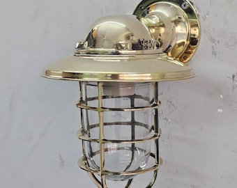 Brass Nautical Bulkhead Wall Light | Marine Cage Sconce with Clear Glass | Industrial Outdoor Bathroom Lamp