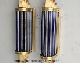Pair Art Deco Brass Wall Sconce Blue Glass Tube Light Vintage Style Fixture Lamp