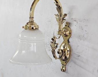 Vintage Brass Wall Sconce Light Glass Shade Floral Arm Antique Style Lamp